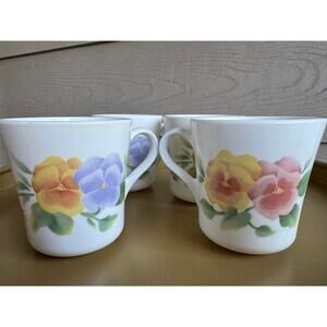 Vintage Corning Floral Coffee Mugs, Set of 4 (Pansy Pattern – USA)